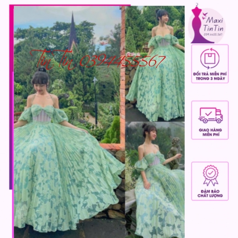 Đầm Maxi Đi Biển ,Váy Công Chúa hoa xanh dập ly Vintage Nàng Thơ Chill
