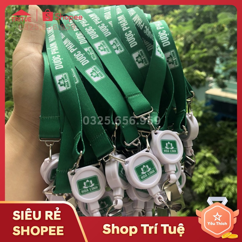 In dây đeo thẻ cho nhân viên, dây đeo thẻ in logo cho dược phẩm Hoa Linh màu xanh chuẩn logo