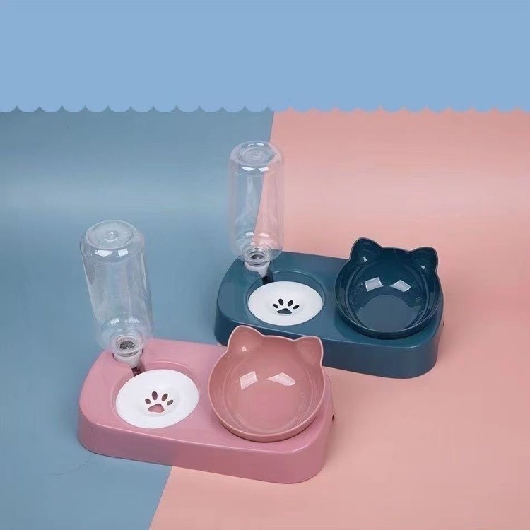 Bát ăn cho mèo chó thú cưng có đế chống lật chống gù và bình nước tự động bằng nhựa hình tai