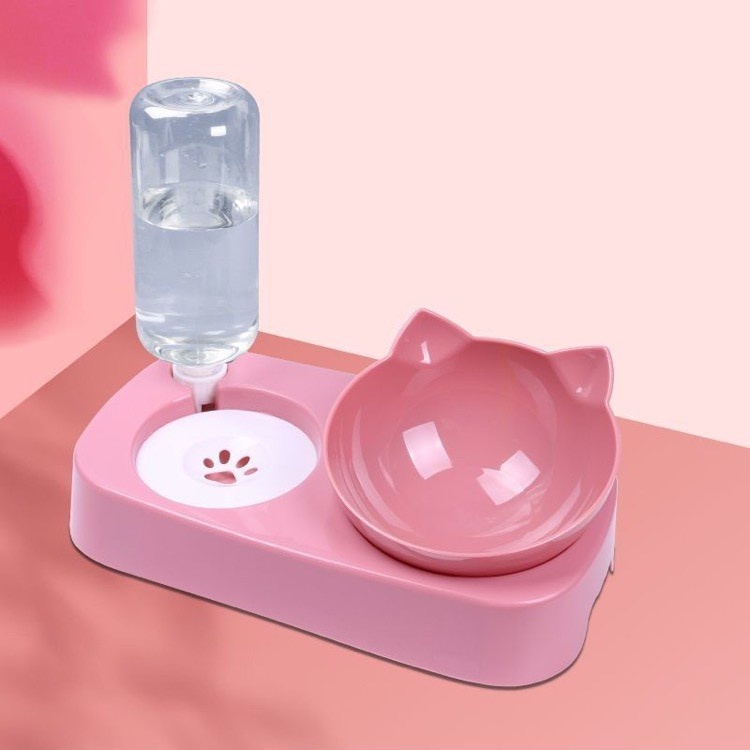 Bát ăn cho mèo chó thú cưng có đế chống lật chống gù và bình nước tự động bằng nhựa hình tai