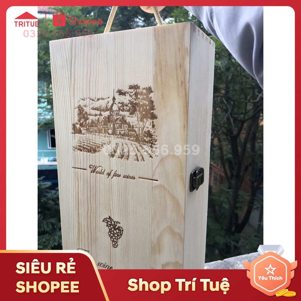 Hộp đựng rượu bằng gỗ đựng 2 chai rượu vang