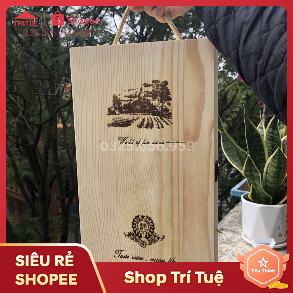 Vỏ hộp đựng rượu bàng gỗ thông đựng 2 chai rượu vang