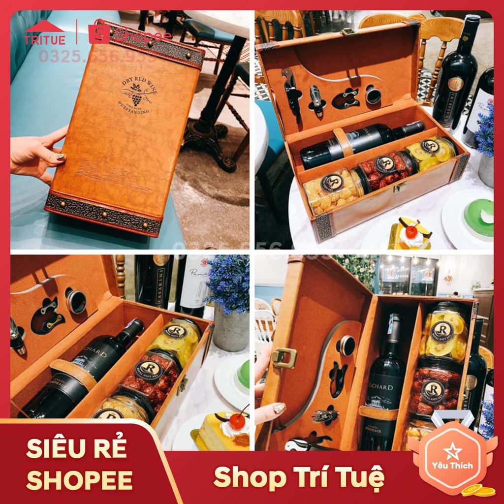 Hộp da đôi đựng rượu vang kèm phụ kiện, hàng có sẵn ở hà nội, hộp đượng quà tết giá rẻ