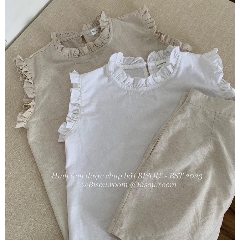 Set áo kiểu tay bèo điệu đà Bisou chất liệu Linen cao cấp