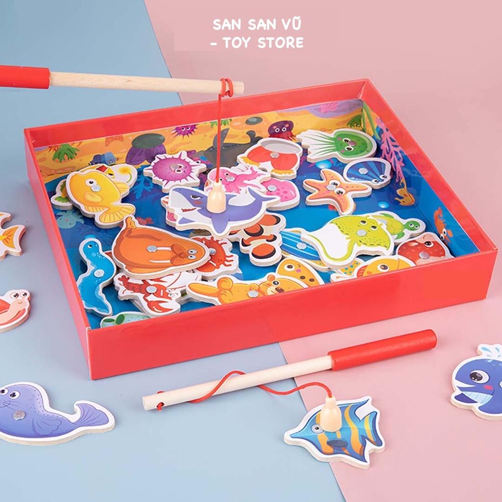 Bộ đồ chơi câu cá gỗ nam châm 34 sinh vật biển bằng gỗ, trò chơi câu cá vui nhộn 2 cần câu nam châm cho bé