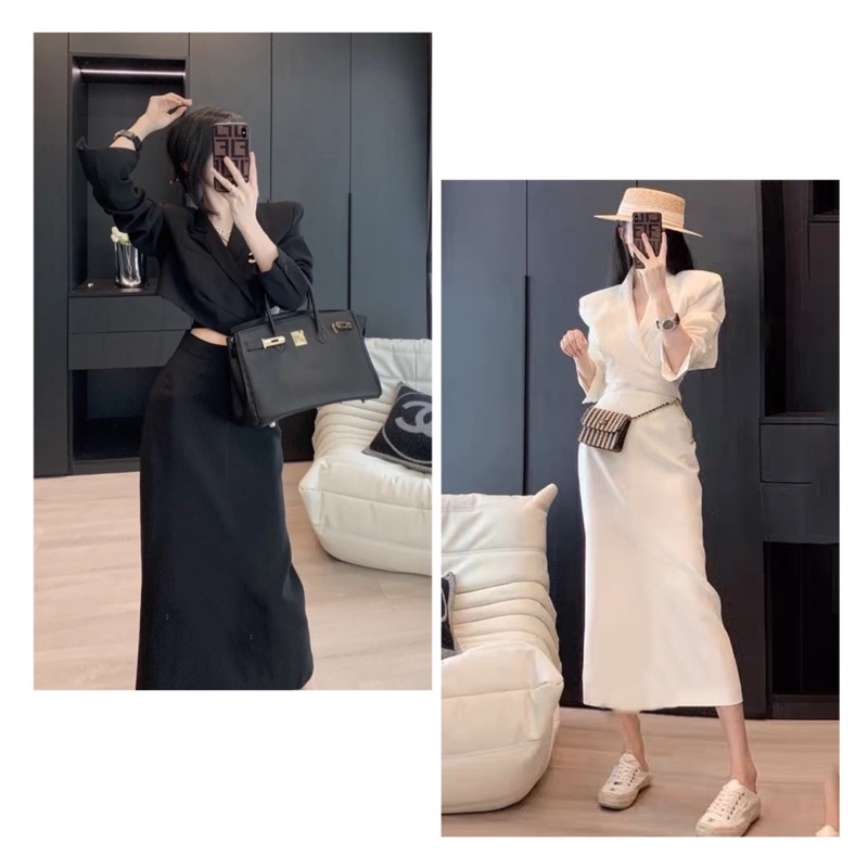 Set áo vest cột eo kèm chân váy dài