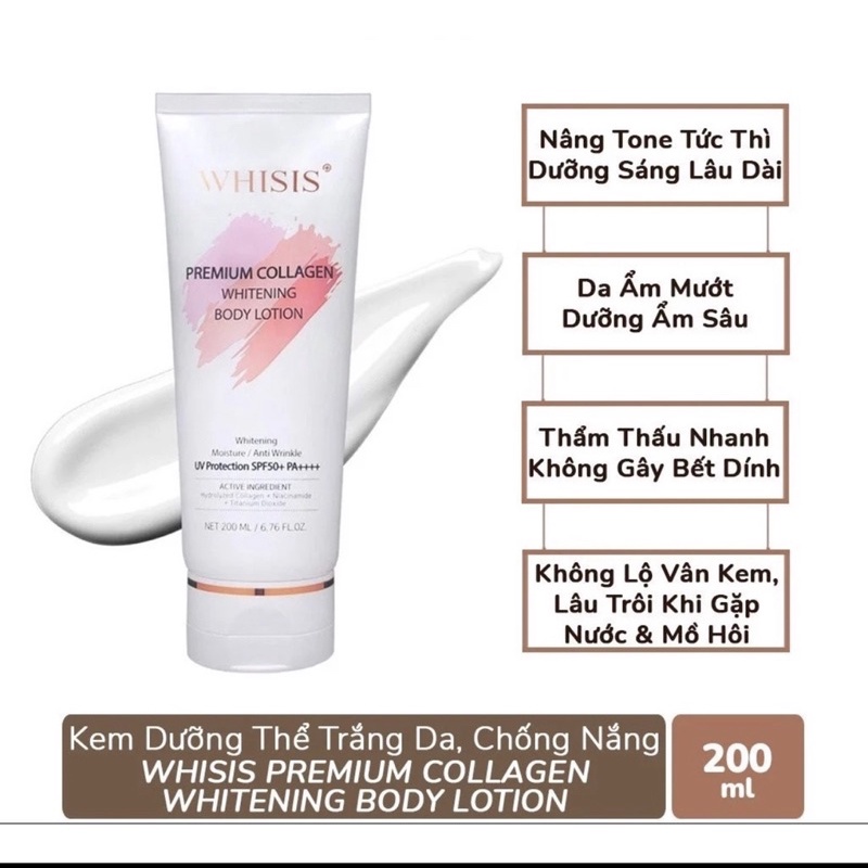 Kem Dưỡng Thể Trắng Da Chống Nắng Nâng Tone Hàn Quốc WHISIS Premium Collagen Whitening Body Lotion 200ml Hàng Auth | BigBuy360 - bigbuy360.vn