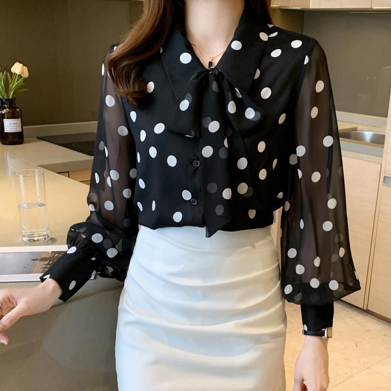Áo Sơ Mi Chiffon Chấm Bi Đen Thời Trang Mùa Xuân 2022 Phong Cách Phương Tây Cho Nữ