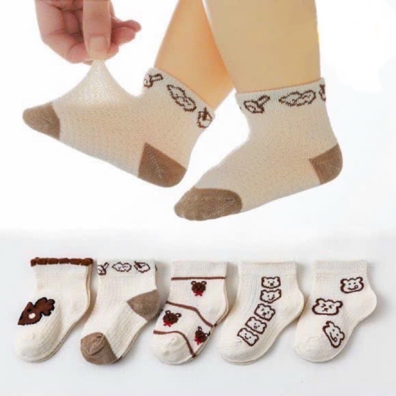 SET 5 Đôi Tất/Vớ Lưới Siêu Thoáng Hình Gấu Nâu Cho Bé Sơ Sinh từ 0-6m