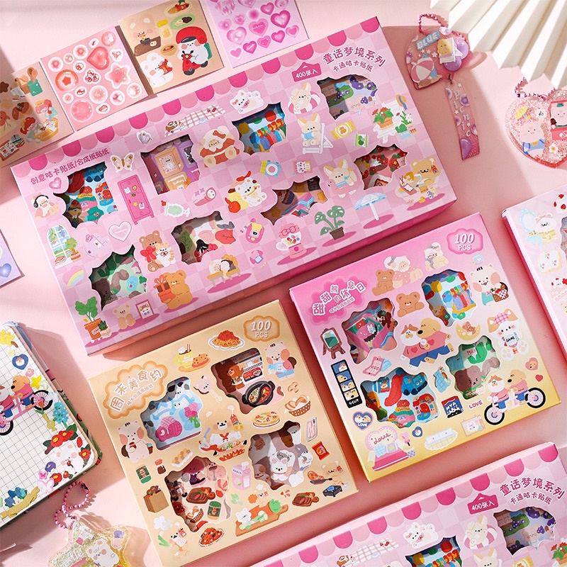 🌸Hộp 100 tấm sticker chủ đề ngôi làng ước mơ gồm 4 mẫu khác nhau🌸