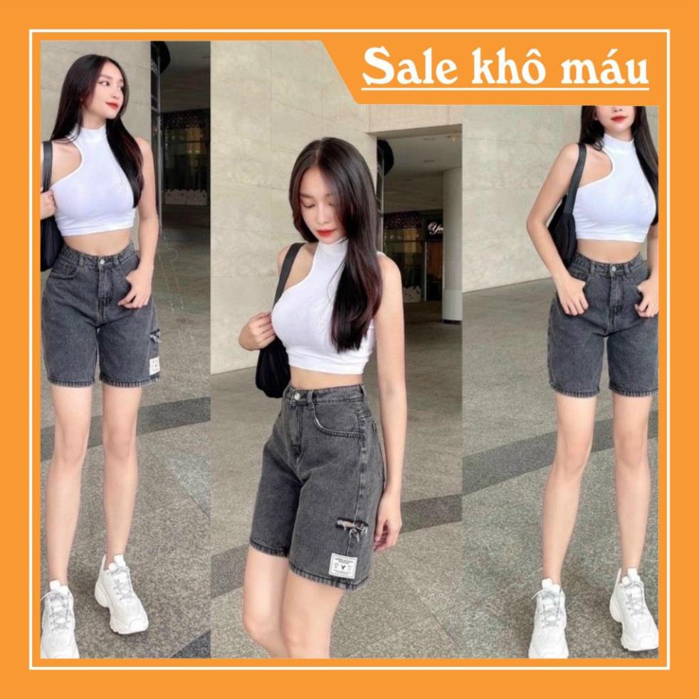 dx Quần jean ngố nữ rách cạnh sườn lưng cao, vải jean denim không co dãn bền đẹp 4a