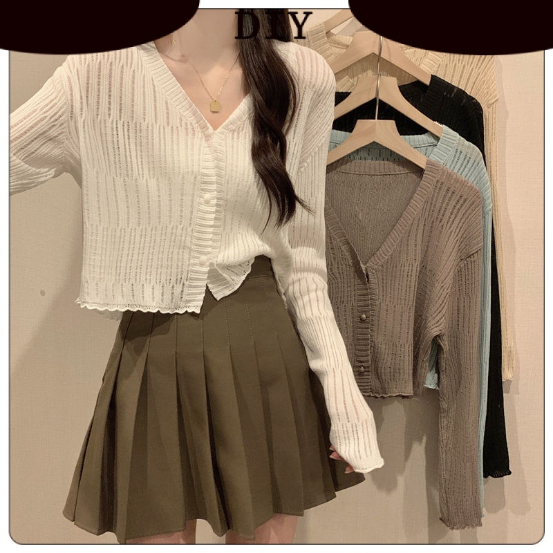 Áo khoác chống nắng kiểu croptop Áo Khoác Mỏng Cardigan Chống Nắng Dài Tay Cổ Chữ V Viền Bèo