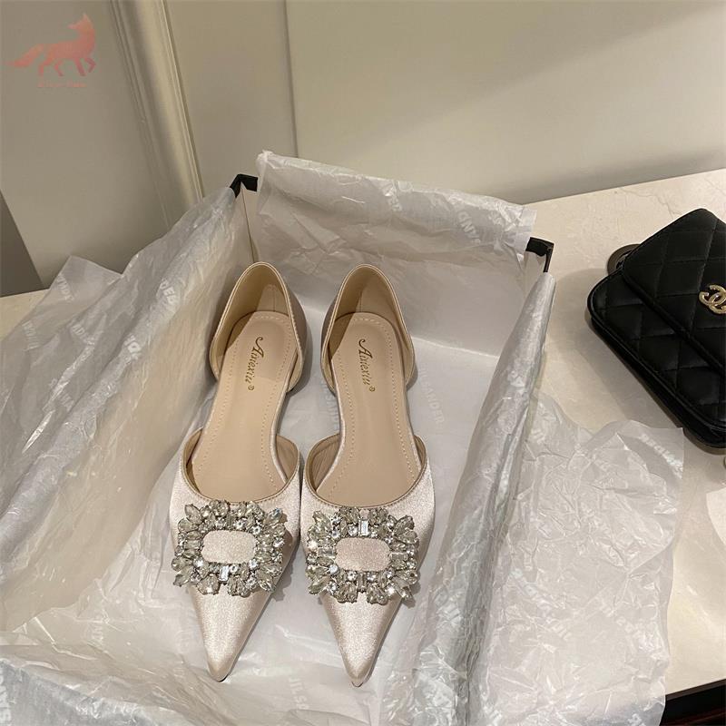 (GK)♝✷Khóa vuông kim cương giả mũi nhọn rỗng giày đơn nữ mùa xuân hè 2023 mới bằng sa tanh gót phẳng Giày nữ thanh lịch