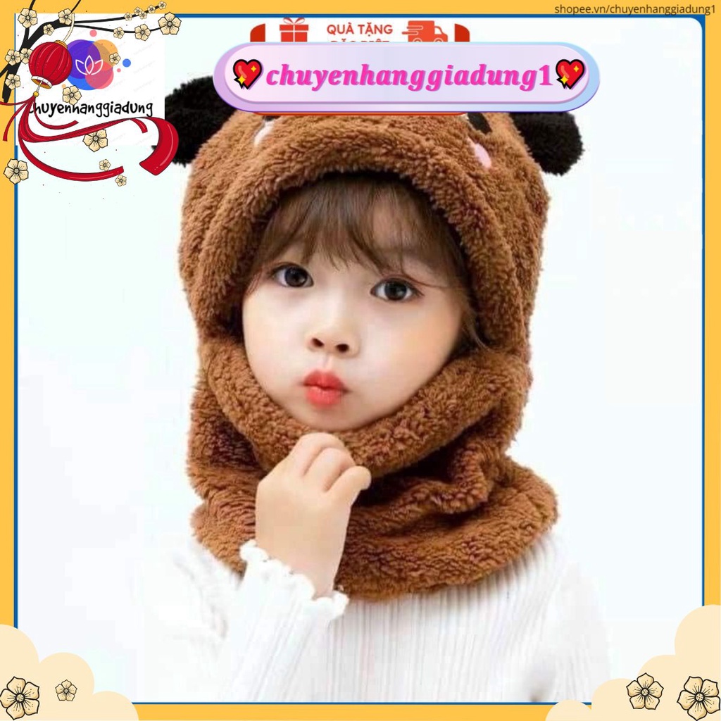 Mũ lông gấu Panda cho bé -Nón len trẻ em lông cừu liền khăn cổ hình gấu ấm áp mùa đông