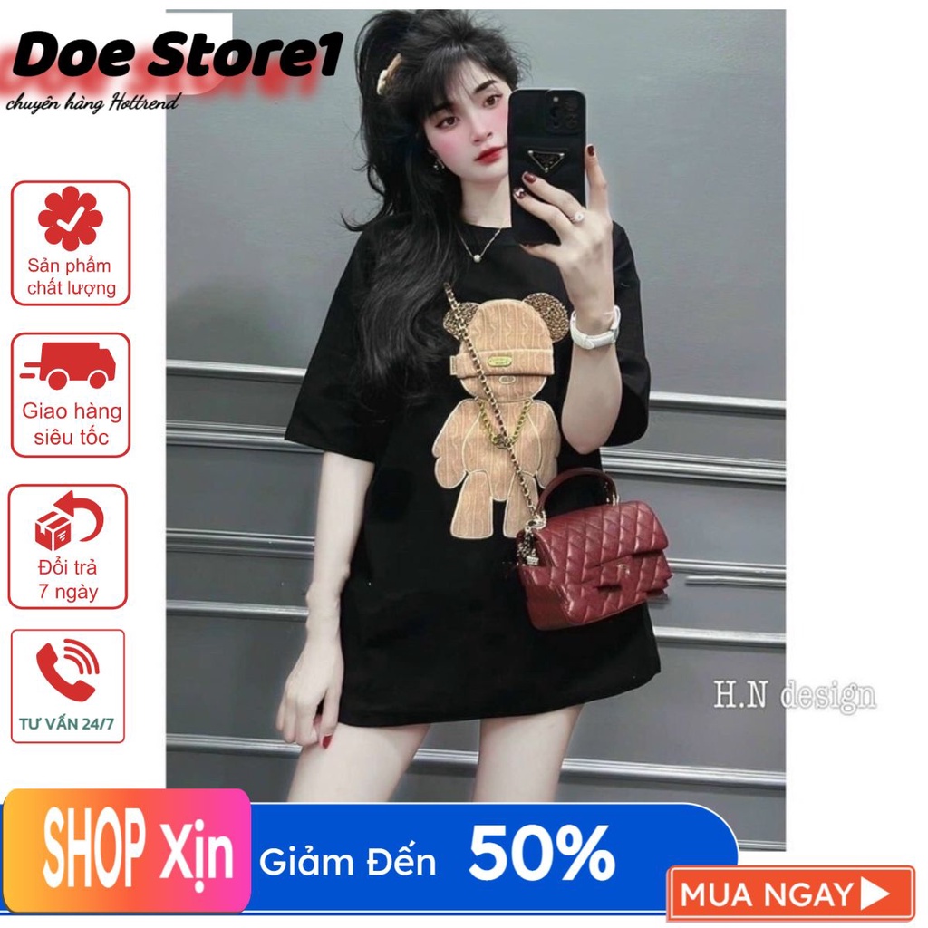 Áo phông nữ cottong in 3d gấu form rộng dấu quần ( video thật)