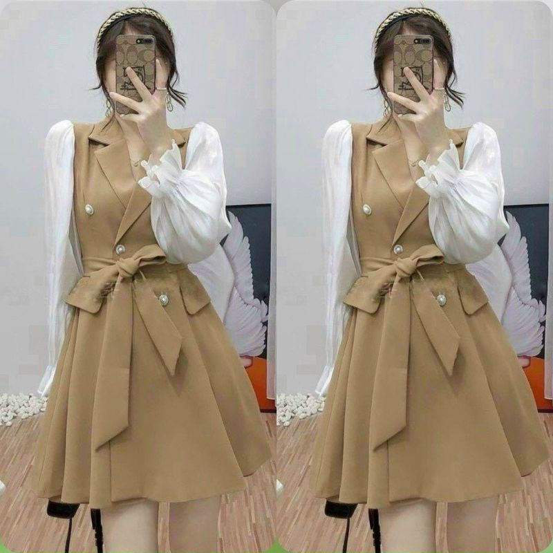 Đầm váy nữ đi chơi đi làm cổ vest tay dài phối voan lụa kèm dây cột eo thanh lịch trẻ trung dự tiệc Vip 133