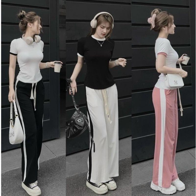 Set đồ nữ đi chơi EVANIA Đồ bộ nữ áo cộc tay ôm body mix quần ống suông sang chảnh B240 màu trắng, đen Vip 132