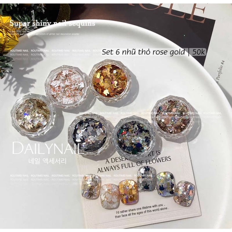 Set 6 nhũ thỏ Rose Gold Cao cấp ẩn móng