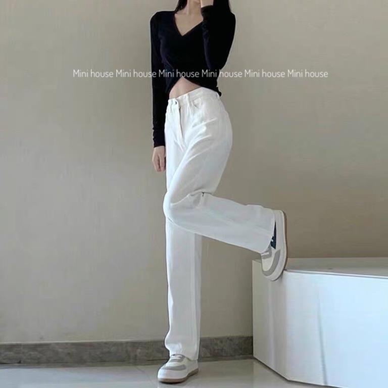 VIP HOT Quần jean suông ống rộng cạp cao nữ màu trắng CC đc | BigBuy360 - bigbuy360.vn