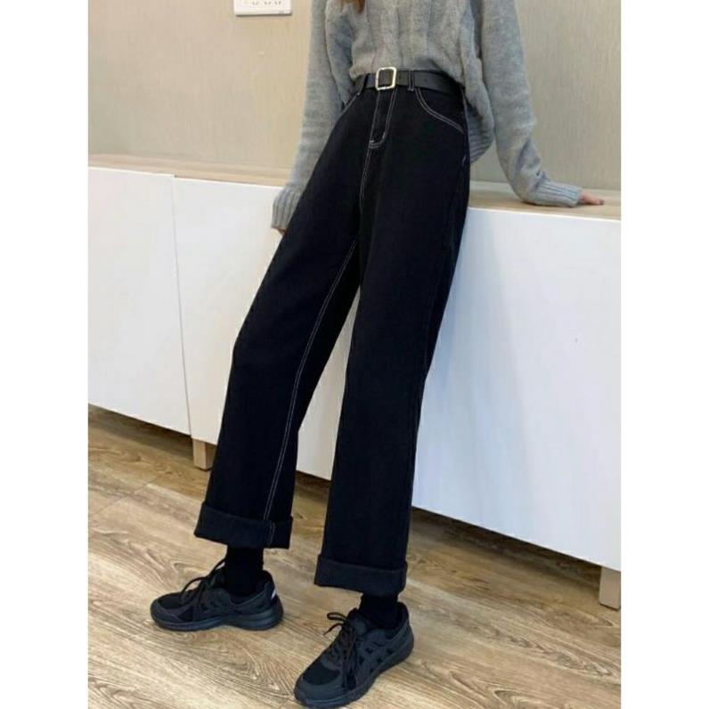 VIP HOT Quần jeans ống rộng lưng cao đen chỉ trắng CC đc | BigBuy360 - bigbuy360.vn