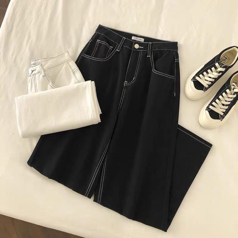 VIP HOT Quần jeans ống rộng lưng cao đen chỉ trắng CC đc | BigBuy360 - bigbuy360.vn