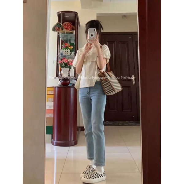 đc Hot Quần jeans ống đứng màu xanh nhạt co dãn có may gấu DC c