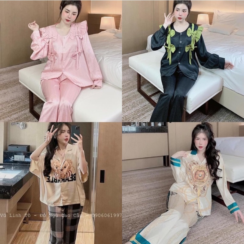Bộ Pyjama Dài Tay Cổ Áo Tiểu Thư Họa Tiết Đáng Yêu Chất Lụa Xước Hàng Thiết kế Loại 1