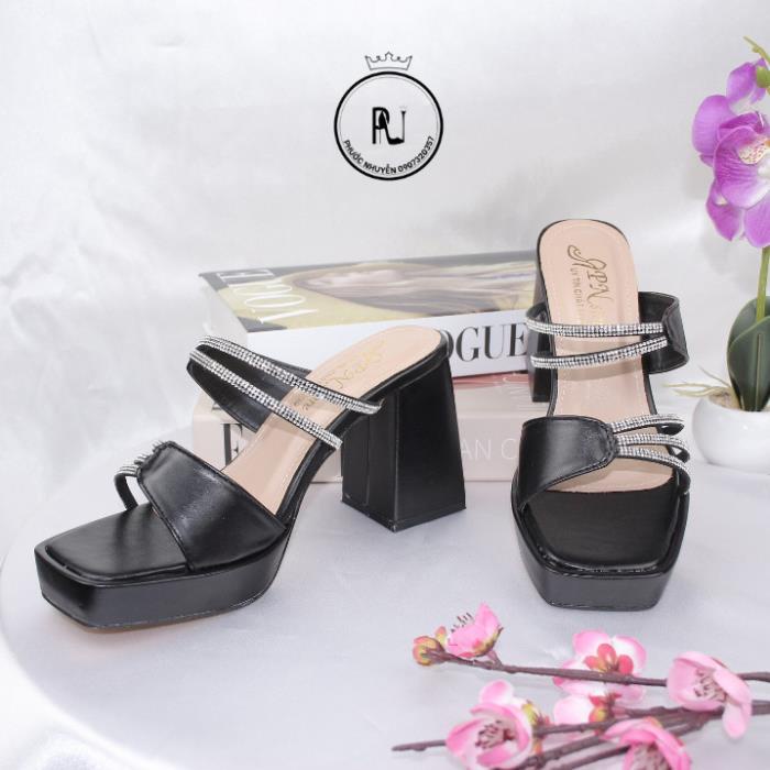 Guốc nữ cao gót đúp vuông 9p quai kết dây xoàn mảnh đơn 3 dây - G29