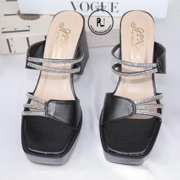 Guốc nữ cao gót đúp vuông 9p quai kết dây xoàn mảnh đơn 3 dây - G29