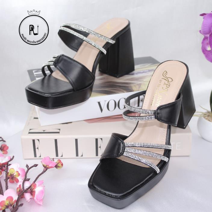 Guốc nữ cao gót đúp vuông 9p quai kết dây xoàn mảnh đơn 3 dây - G29