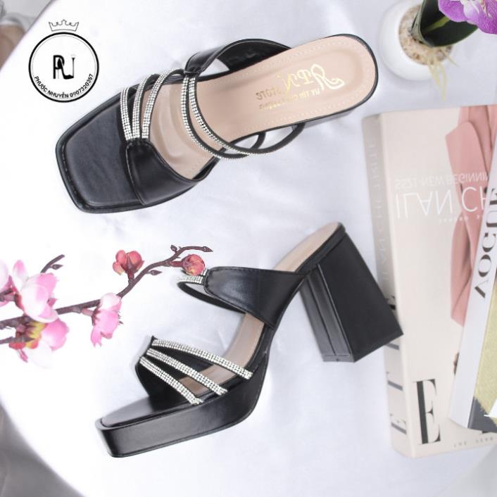 Guốc nữ cao gót đúp vuông 9p quai kết dây xoàn mảnh đơn 3 dây - G29