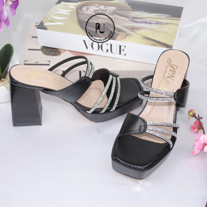 Guốc nữ cao gót đúp vuông 9p quai kết dây xoàn mảnh đơn 3 dây - G29