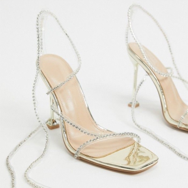 Chosen Buyer Show!Giày Sandal Cao Gót Mũi Vuông Đính Đá Quyến Rũ
