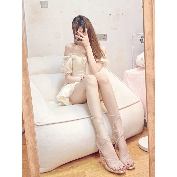 Chosen Buyer Show!Giày Sandal Cao Gót Mũi Vuông Đính Đá Quyến Rũ