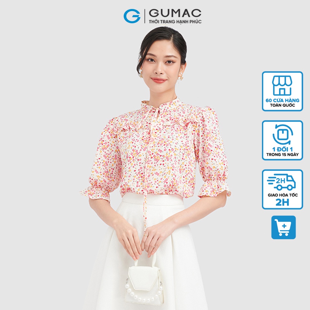 Áo kiểu họa tiết hoa GUMAC tay nhún cổ V LA0905
