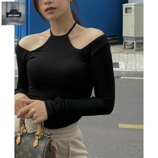 Áo trễ vai tay dài dây yếm hở vai - trễ vai croptop dây yếm thun gân BARE - AO056