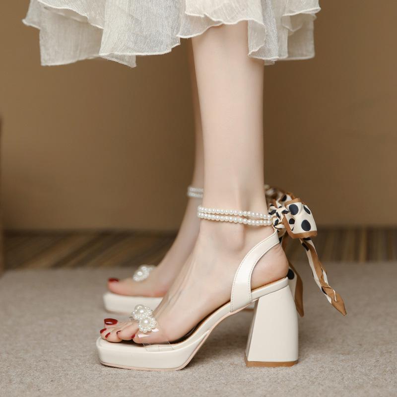 Sandal Cao Gót Đế Xuồng Quai Đính Ngọc Trai Phong Cách Thời Trang Mùa Hè Pháp Hàng Mới 2023