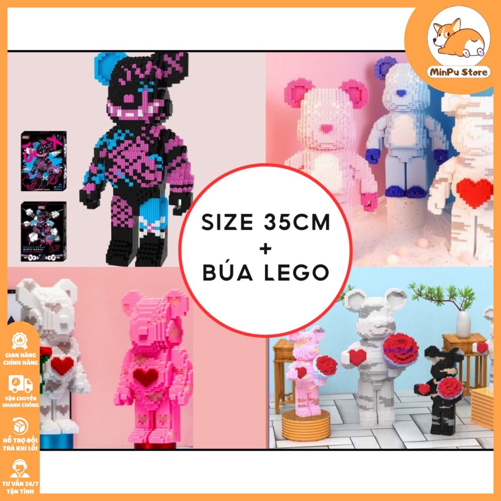 Gấu bearbrick size 35cm hãng XinZ mẫu Jinx, gấu cầm hoa Có ngăn kéo và đèn. Tặng kèm búa Lego