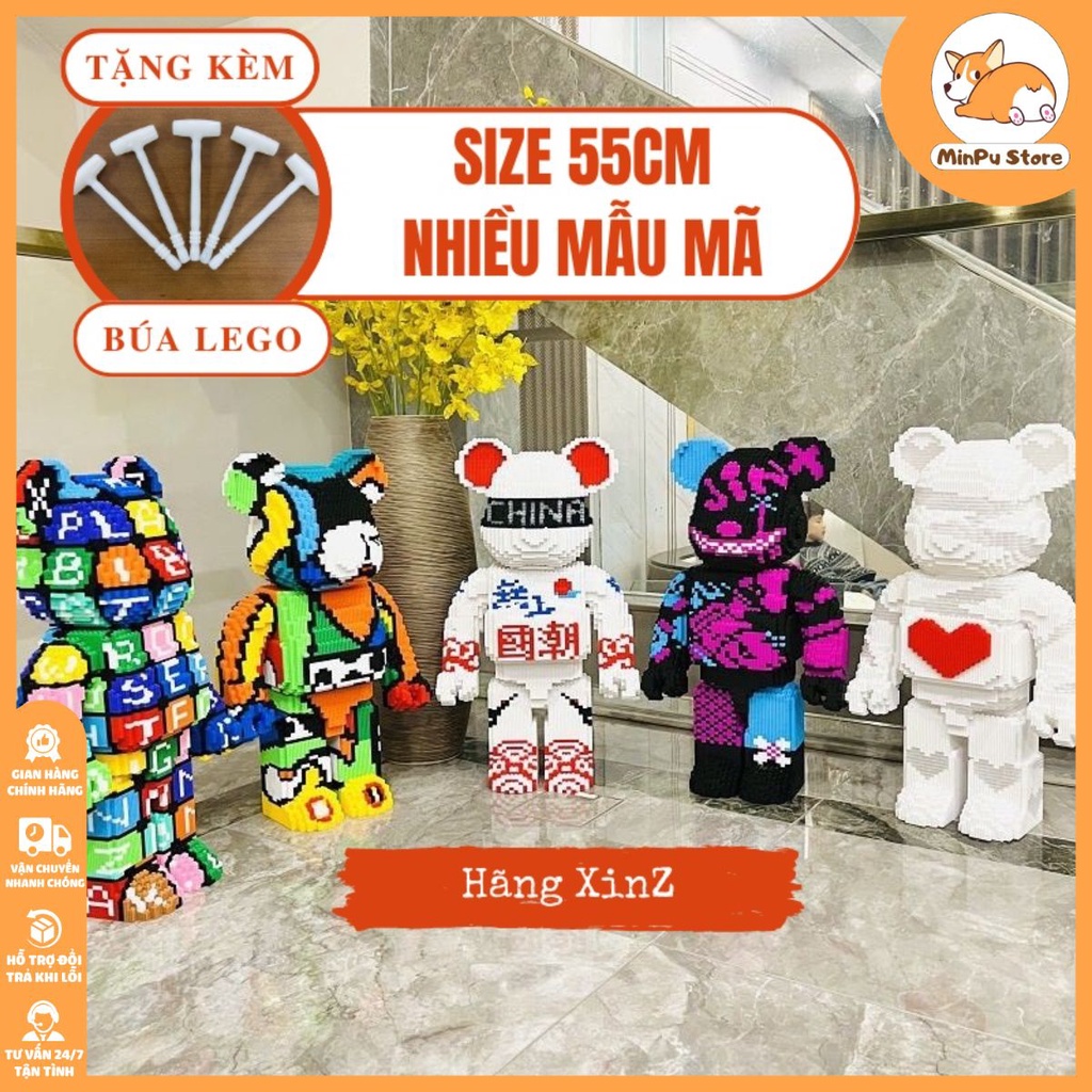 Bộ lắp ráp Bearbrick 55cm hãng XinZ, gấu xếp hình Lego mẫu Love có đèn, ABC, Jinx nhiều màu sắc tặng kèm búa