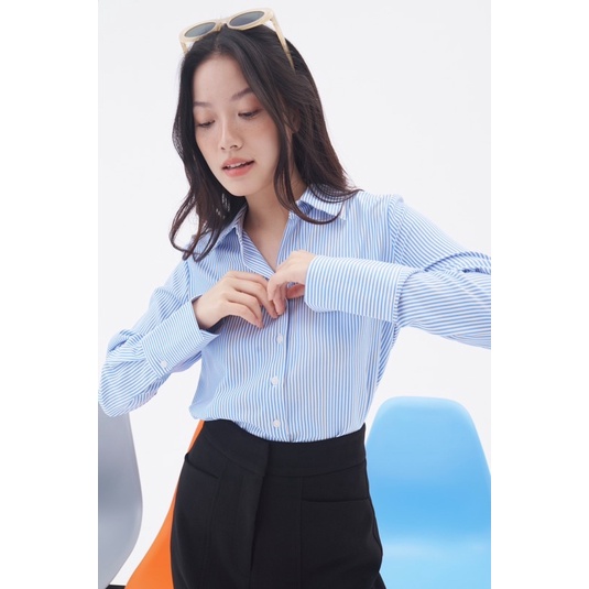 Áo Sơ mi tay dài kẻ sọc xanh chất vải bamboo thoáng mịn mát mẻ mùa hè