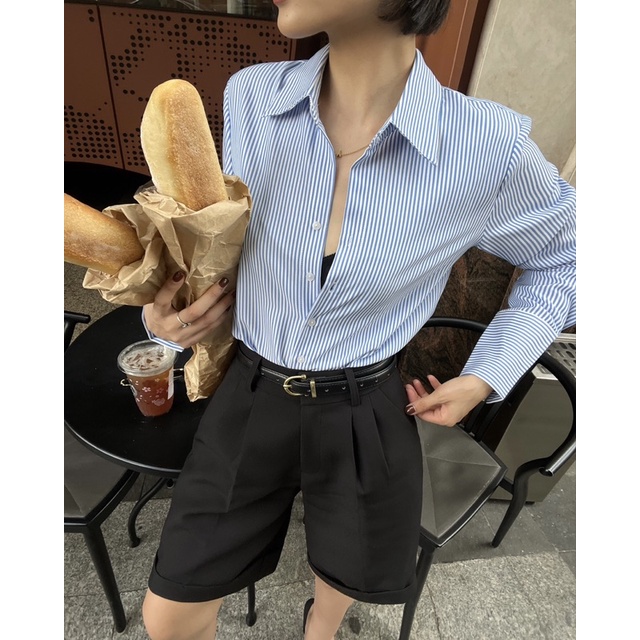 Áo Sơ mi tay dài kẻ sọc xanh chất vải bamboo thoáng mịn mát mẻ mùa hè