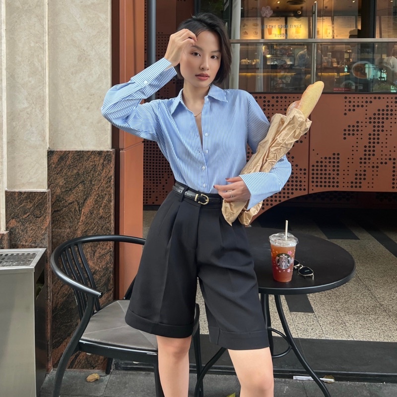 Áo Sơ mi tay dài kẻ sọc xanh chất vải bamboo thoáng mịn mát mẻ mùa hè