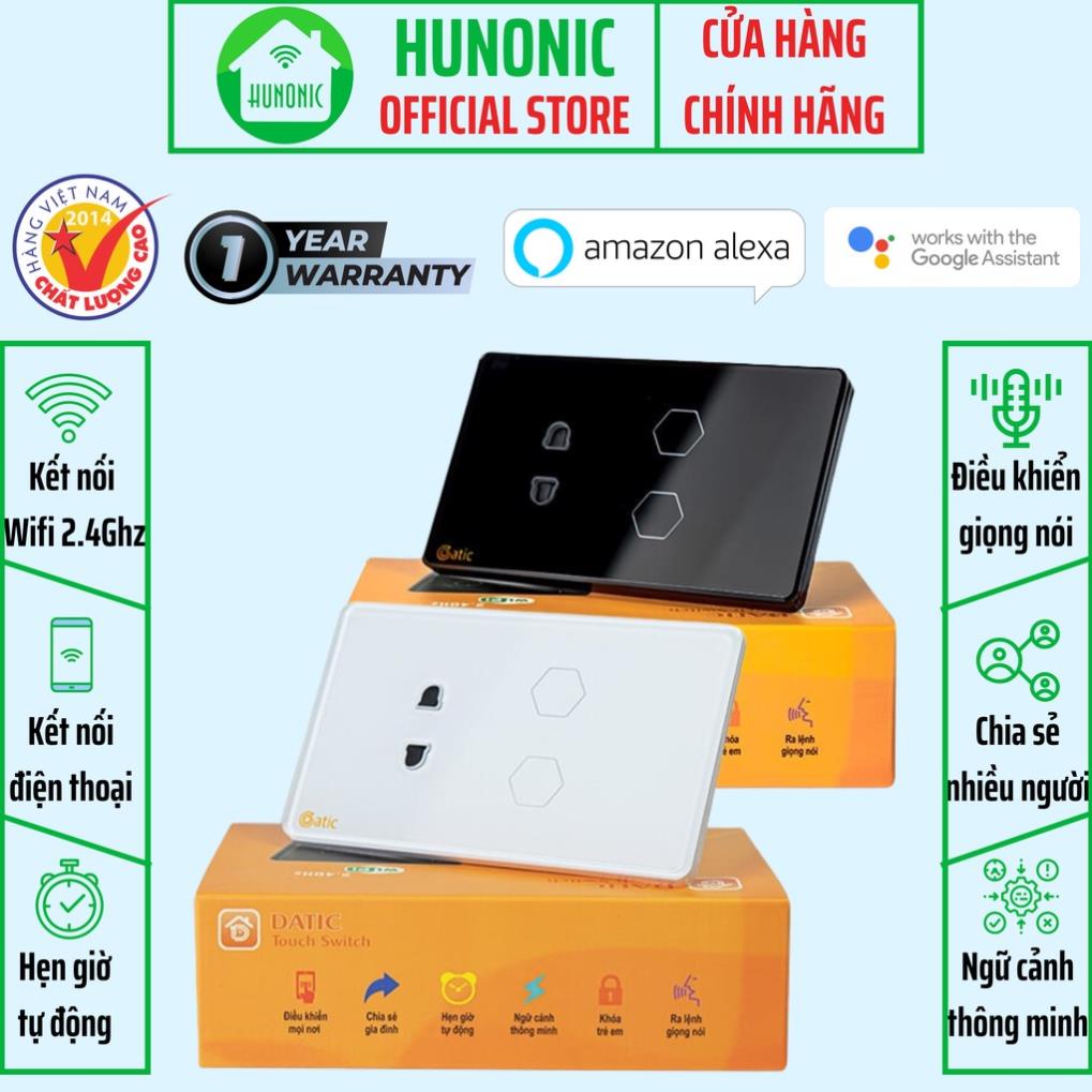 Công tắc cảm ứng Hunonic Datic 2 Nút + Ổ kết nối Wifi điều khiển mọi thiết bị từ xa qua điện thoại, 2 màu trắng và đen