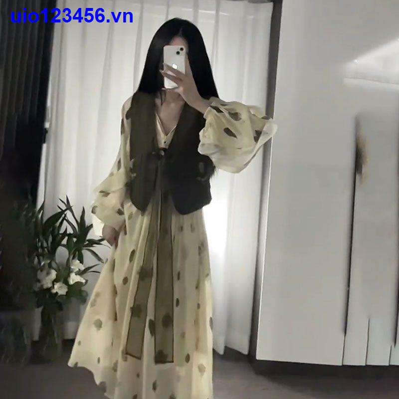 Bộ Đầm In Hoa + Áo Vest Xanh Lá Thêu Họa Tiết Thời Trang Sang Trọng Cho Nữ