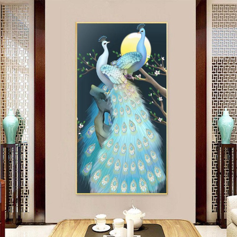 (VẢI KIM TUYẾN 9CT) Tranh thêu chữ thập phong cảnh đôi công dưới trăng J8015