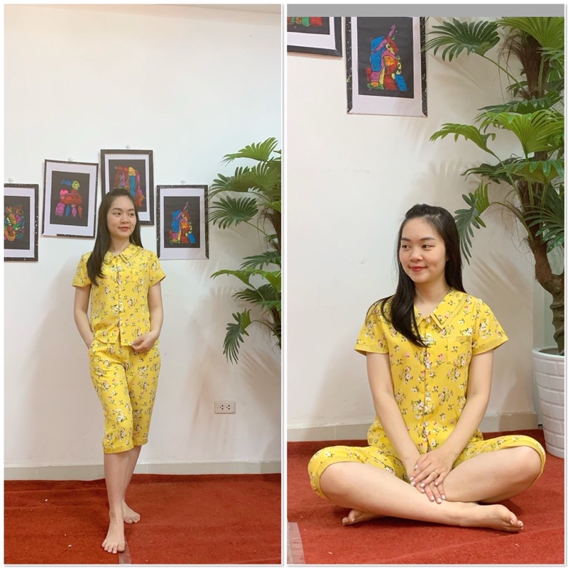 Bộ Pijama(đồ bộ) lụa hàn thiết kế Cộc Lửng họa tiết chất liệu mát lịm, không nhăn-(kèm hình ảnh thật)