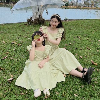 Đầm cho bé gái Set váy đôi mẹ và bé dáng maxi cánh tiên màu xanh cốm dễ thương