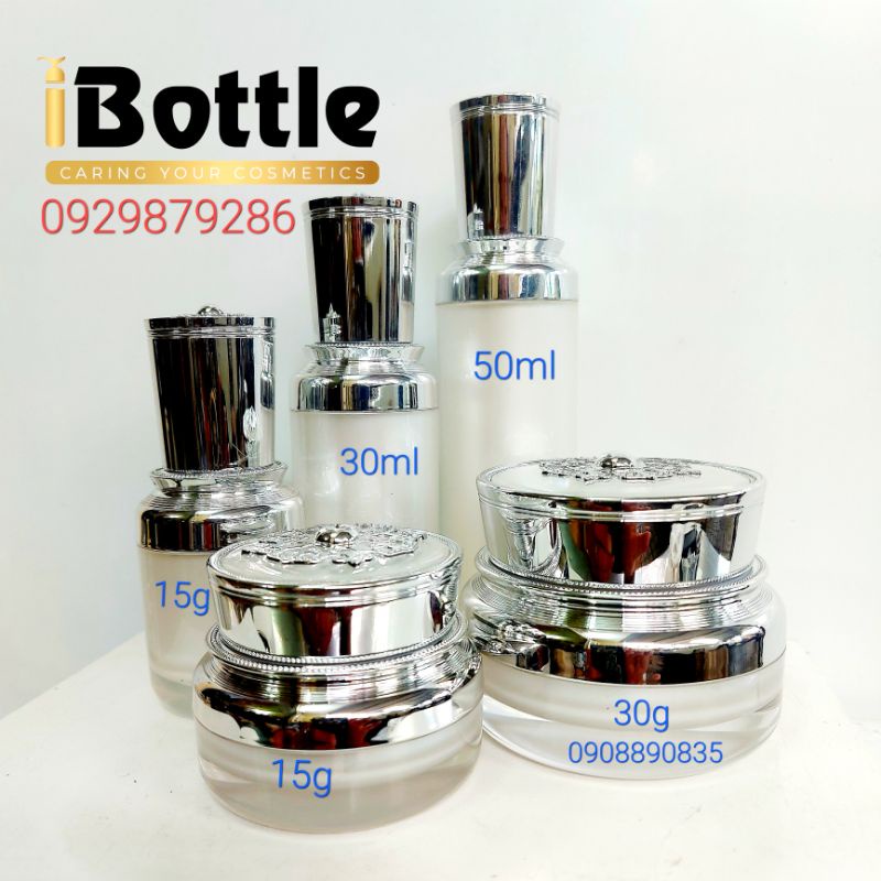 Chai lọ sang chiết mỹ phẩm -Bộ chai hủ nắp hoa văn bạc 3 chai & 2 hủ