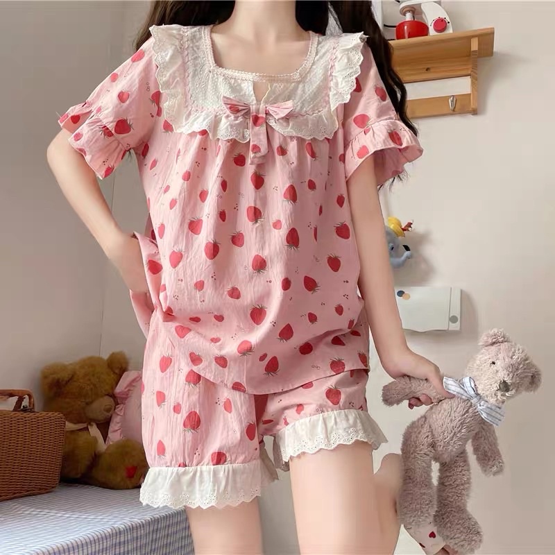 Set bộ ngủ pijama hoạc tiết dâu tây xinh xắn (ảnh thật ở cuối) (SẴN)