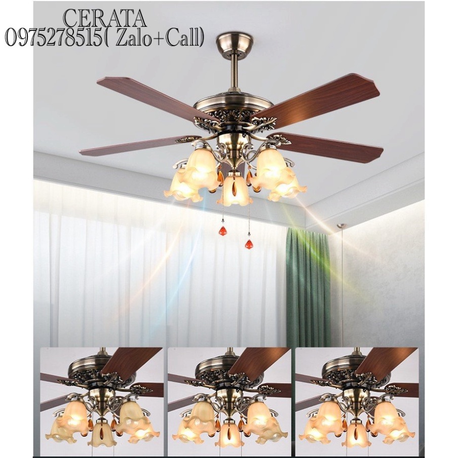 Quạt Trần 5 Cánh Gỗ, Có Đèn, Động Cơ Lõi Đồng, Có Điều Từ Xa 6 Tốc Độ Gió Phù Hợp Mọi Không Gian Việt [Bảo Hành 5 Năm]